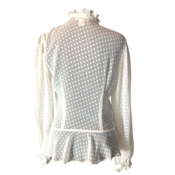 Ann Taylor Loft White Sheer Polka Dot Button-Up Blouse With Ruffled Trim Size 0 - Picture 2 of 6